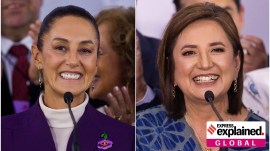 Mexico presidential elections candidates Claudia Sheinbaum (L) and Xochitl Galvez at the last presidential debate at Tlatelolco University Cultural Center in Mexico City, Mexico, May 19, 2024.