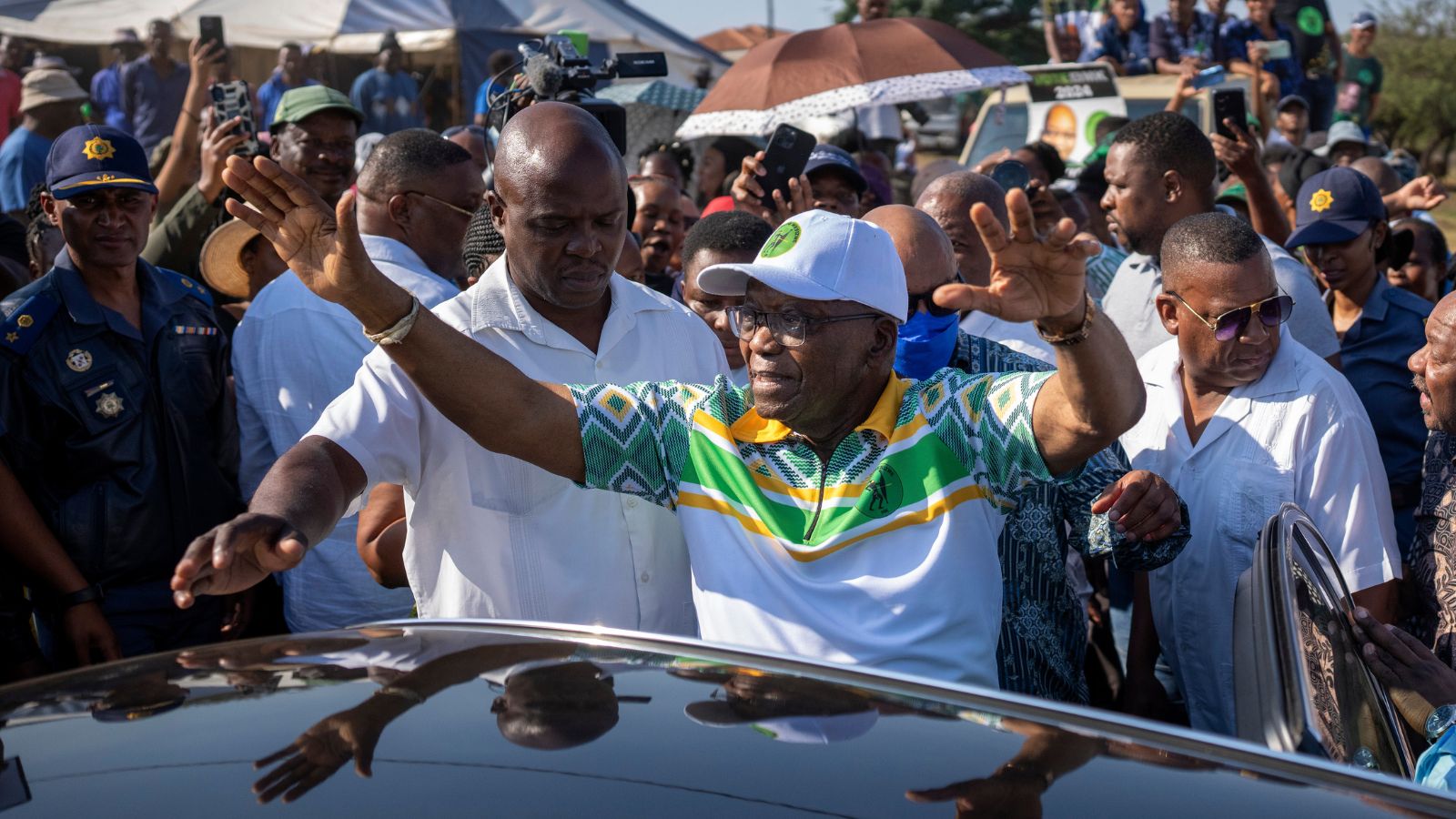 Former president of the A.N.C. and South Africa Jacob Zuma, waves to supporters after casting his ballot on Wednesday May 29, 2024 during general elections in Nkandla, Kwazulu Natal, South Africa. (AP Photo)