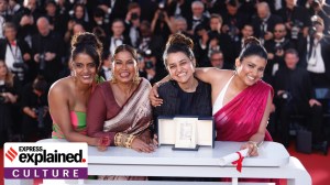 Payal Kapadia, second from right, winner of the grand prize for 'All We Imagine as Light,' poses with Kani Kusruti, from left, Chhaya Kadam, and Divya Prabha at the 77th international film festival on May 25, 2024.