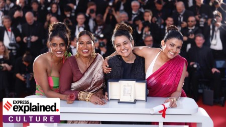 Payal Kapadia, second from right, winner of the grand prize for 'All We Imagine as Light,' poses with Kani Kusruti, from left, Chhaya Kadam, and Divya Prabha at the 77th international film festival on May 25, 2024.