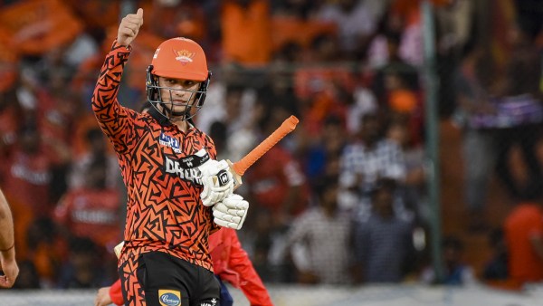 Sunrisers Hyderabad batter Abhishek Sharma celebrates his half century during the Indian Premier League (IPL) 2024 T20 cricket match between Sunrisers Hyderabad (SRH) and Punjab Kings (PBKS), at the Rajiv Gandhi International Stadium, Uppal, in Hyderabad.