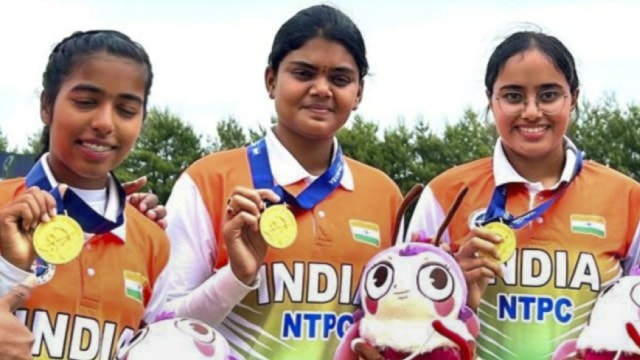 (L-R) Archers Aditi Swami, Jyothi Surekha Vennam and Parneet Kaur after winning women's compound team gold at Archery World Cup Stage 2, in Yecheon, South Korea