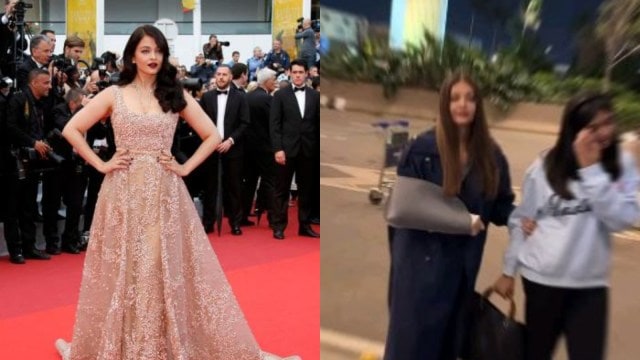 Aishwarya Rai Bachchan, who has been regular at the Cannes Film Festival since her debut in 2022, was spotted leaving for the prestigious event with a sling on her arm. She was accompanied by daughter, Aaradhya Bachchan (Photos: AP/Instagram/aiswaryafandom)