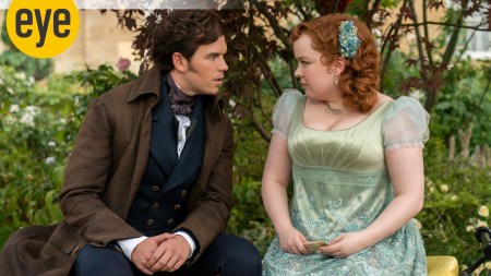 Luke Newton as Colin Bridgerton, Nicola Coughlan as Penelope Featherington in Bridgerton