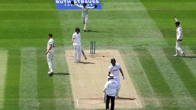 Australia's Alex Carey appeals successfully for the wicket of England's Jonny Bairstow. (Reuters)