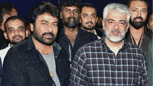 Chiranjeevi with Ajith Kumar on sets of Vishwambara