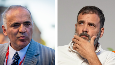 Chess legend Garry Kasparov during the 2022 Grand Chess Tour in Zagreb (LEFT); Rahul Gandhi at a rally in New Delhi last month. (PHOTOs : PTI; Lennart Ootes/Grand Chess Tour)