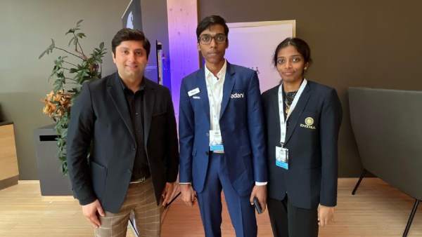 Himanshu Gulati, an Indian-origin member of Parliament with the Progress Party, poses with Praggnanandhaa and Vaishali ahead of the first day of the Norway Chess event.
