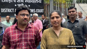 Hamid And Mukta Dabholkar outside the Shivajinagar court on Friday.