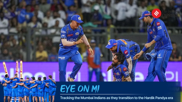 Mumbai Indians captain Hardik Pandya with teammates celebrates the wicket of Kolkata Knight Riders player Andre Russell run out by him during the IPL match between Kolkata Knight Riders and Mumbai Indians, at Wankhede Stadium in Mumbai. (PTI)