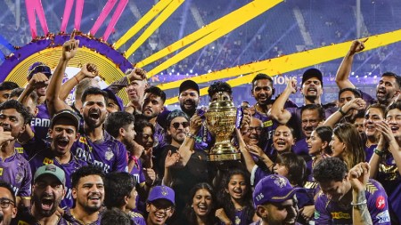 Kolkata Knight Riders co-owner Shah Rukh Khan and players celebrate with families and friends after winning the Indian Premier League (IPL) 2024 tournament at MA Chidambaram Stadium, in Chennai,