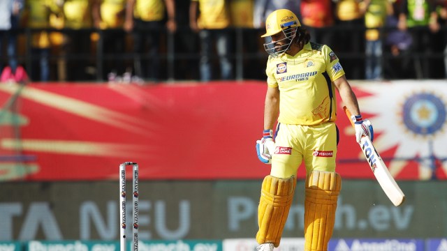 MS Dhoni of Chennai Superkings bowled out by Harshal Patel of Punjab Kings during match 53 of the Indian Premier League season 17 (IPL 2024) between Punjab Kings and Chennai Super Kings held at the Himachal Pradesh Cricket Association Stadium, Dharamsala. (Saikat Das / Sportzpics for IPL)