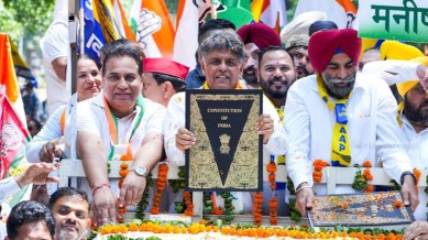 Chandigarh, Manish Tewari, Congress, nomination, Lok Sabha elections, Constitution, BJP, Sanjay Tandon, Punjab, Hina Rohtaki, INDIA bloc, party workers, Aam Aadmi Party, Samajwadi Party, Chandigarh candidate, SBI building, Sector 17, deputy commissioner’s office, AAP in-charge, S S Ahluwalia, AAP Mayor, Kuldeep Kumar, Chandigarh Congress president, H S Lucky, AAP leader, Chander Mukhi Sharma, Harmail Kesri, Ludhiana, Anandpur Sahib, vehicles, Indira Gandhi, 1984