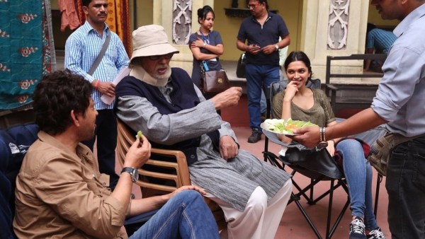 Irrfan Khan, Amitabh Bachchan and Deepika Padukone on the Piku sets.