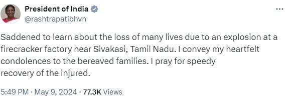 Tamil Nadu, Sivakasi, firecracker blast, explosion, casualties, Prime Minister Narendra Modi, President Droupadi Murmu,