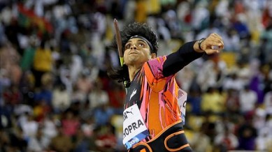 Neeraj Chopra in action in the javelin throw event