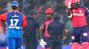 Sanju Samson chatting with the on-field umpires after being deemed out by the TV umpire. (BCCI)