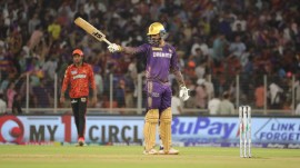 Venkatesh Iyer celebrates his fifty during KKR Vs SRH IPL 2024 Qualifier 1 match at Narendra Modi stadium in Ahmedabad. (Express photo by Nirmal Harindran)