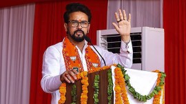 Union Minister and BJP candidate from Hamirpur constituency Anurag Thakur addresses the Panna Pramukh convention for the Lok Sabha elections, in in Hamirpur Parliamentary constituency, Wednesday, May 8, 2024. (PTI Photo)