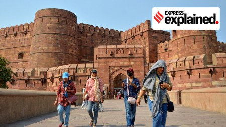 Visitors at the Agra Fort on a hot summer day on Thursday, May 16, 2024.