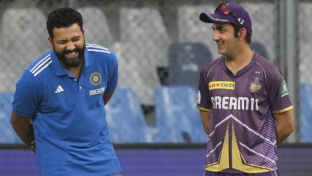 MI vs KKR IPL MATCH: Mumbai Indians player Rohit Sharma with Kolkata Knight Riders mentor Gautam Gambhir during a practice session ahead of IPL match between Kolkata Knight Riders and Mumbai Indians at Wankhede Stadium in Mumbai, Thursday, May 2, 2024. (PTI Photo)