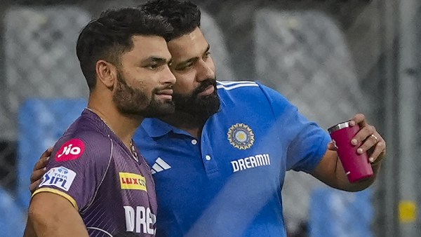 IPL Match Today: Mumbai Indians player Rohit Sharma with Kolkata Knight Riders player Rinku Singh during a practice session ahead of IPL match between Kolkata Knight Riders and Mumbai Indians at Wankhede Stadium in Mumbai.