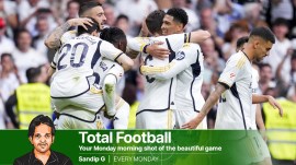 Real Madrid's Jude Bellingham (center right) celebrates after scoring his side's second goal during the the Spanish La Liga soccer match between Real Madrid and Cadiz at the Santiago Bernabeu stadium in Madrid. (AP)