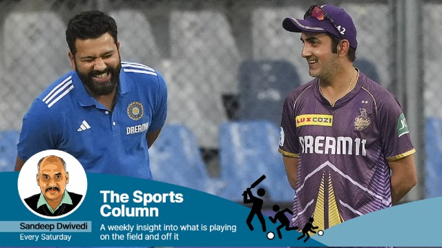 Rohit Sharma with Kolkata Knight Riders mentor Gautam Gambhir during a practice session ahead of IPL 2024 match between Kolkata Knight Riders and Mumbai Indians at Wankhede Stadium. (PTI Photo)