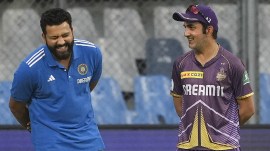 MI vs KKR 2024, IPL Match Today Live Telecast: Mumbai Indians player Rohit Sharma with Kolkata Knight Riders mentor Gautam Gambhir during a practice session ahead of IPL match between Kolkata Knight Riders and Mumbai Indians at Wankhede Stadium in Mumbai