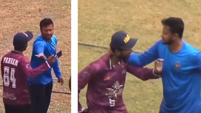 Shakib al Hasan grabs a Bangladesh cricket fan by his neck after the latter pestered him for a selfie.