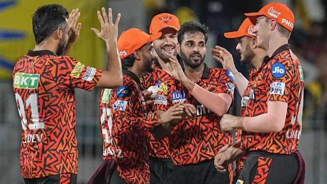 SRH VS RR IPL MATCH: Sunrisers Hyderabad's Bhuvneshwar Kumar celebrates with teammates after taking a wicket. (PTI Photo)