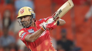 Shashank Singh of Punjab Kings play a shot during match 23 of the Indian Premier League season 17 (IPL 2024) between Punjab Kings and Sunrisers Hyderabad held at the Maharaja Yadavindra Singh International Cricket Stadium, Mullanpur