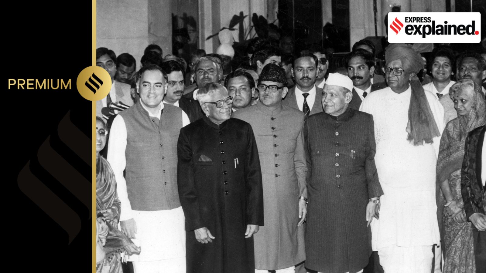 Prime Minister V P Singh after being sworn in on December 2, 1989, flanked by President R Venkataraman and Rajiv Gandhi to his right, and Vice President Dr Shankar Dayal Sharma and Deputy Prime Minister Chaudhary Devi Lal to his left. Singh congratulates his successor Chandra Shekhar after the latter’s swearing-in on November 10, 1990.
