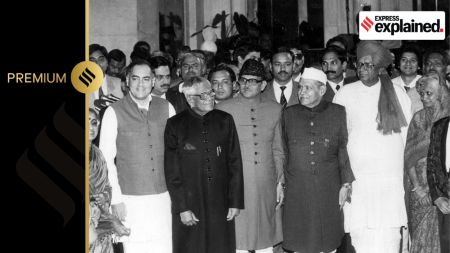 Prime Minister V P Singh after being sworn in on December 2, 1989, flanked by President R Venkataraman and Rajiv Gandhi to his right, and Vice President Dr Shankar Dayal Sharma and Deputy Prime Minister Chaudhary Devi Lal to his left. Singh congratulates his successor Chandra Shekhar after the latter’s swearing-in on November 10, 1990.