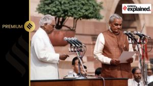 President KR Narayanan administering the oath of office of Prime Minister to Atal Bihari Vajpayee at the swearing in ceremony in Rashtrapati Bhawan in New Delhi on October 13, 1999.