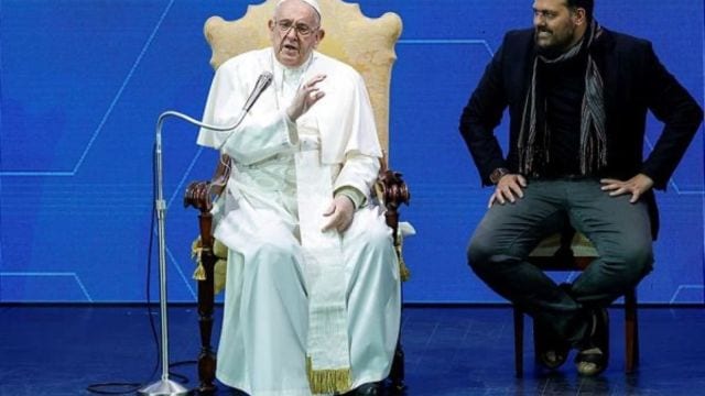 Pope Francis speaks during the "The General State of the Birth Rate" conference on Italy's sliding birthrate, in Rome, Italy