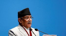Nepal's Prime Minister Pushpa Kamal Dahal, also known as Prachanda, delivers a speech before a confidence vote at the parliament in Kathmandu, Nepal