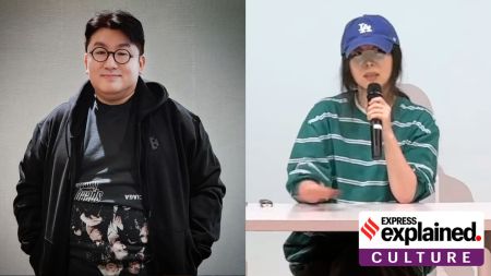 Hybe Chairperson Bang Si-Hyuk (left) and ADOR CEO Min Hee-Jin during her recent press conference.