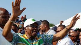 Former South African President Jacob Zuma gestures after voting during the South African elections, in Nkandla, South Africa