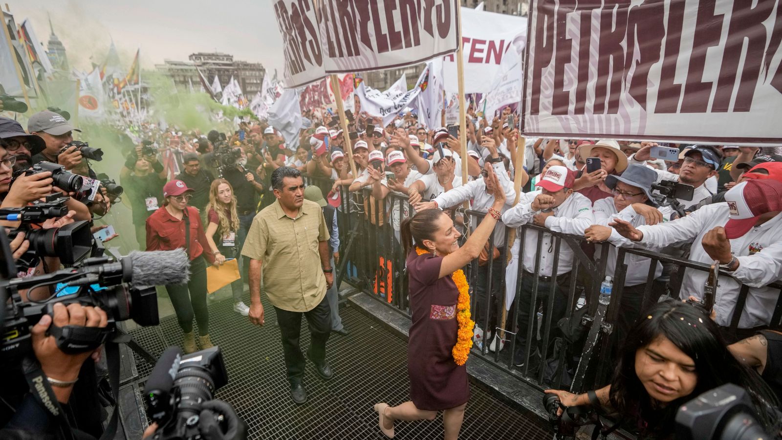 Presidential candidate Claudia Sheinbaum arrives at her closing campaign rally at the Zocalo in Mexico City, Wednesday, May 29, 2024. Mexico's general election is set for June 2. (AP Photo/Eduardo Verdugo)