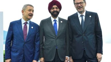 Bank of Italy Governor Fabio Panetta, World Bank President Ajay Banga and Italy's Minister of Economy and Finance Giancarlo Giorgetti attend the G7 Finance Ministers and Central Bank Governors' Meeting in Stresa, Italy Ukraine
