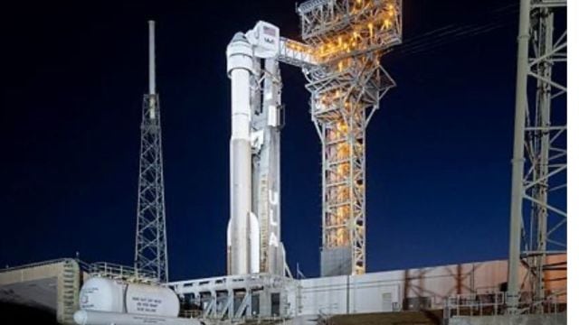 In this photo provided by NASA, a United Launch Alliance Atlas V rocket with Boeing's Starliner capsule aboard is illuminated by spotlights on the launch pad at Space Launch Complex 41 ahead of the NASA's Boeing Crew Flight Test. (AP Photo)