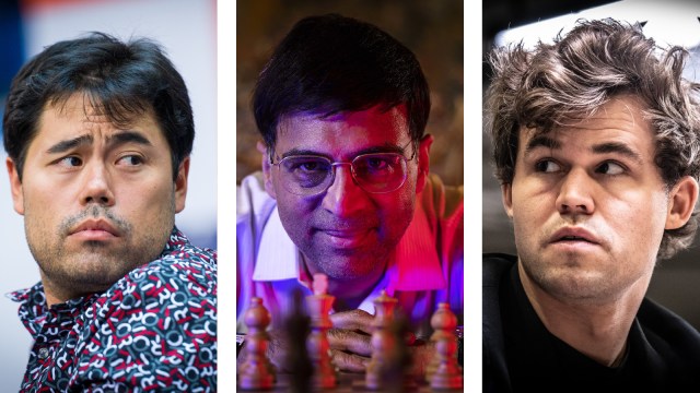 Viswanathan Anand (centre) will face Hikaru Nakamura (left) and Magnus Carlsen in a tournament in Morocco which will be played in the unique Casablanca Chess Variant format. (PHOTOS: FIDE via Lennart Ootes, Stev Bonhage)