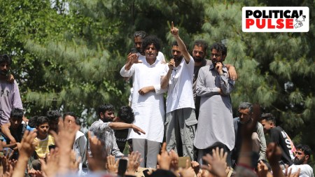 Jailed independent candidate from Baramulla constituency Engineer Rashid's son Abrar addresses a rally in support of his father, in Sopore district. (Express photo by Shuaib Masoodi)