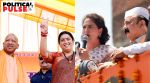 (L-R) BJP's Amethi candidate Smriti Irani campaigning alongside Uttar Pradesh CM Yogi Adityanath; Congress's Priyanka Gandhi campaigning for K L Sharma. (PTI photos)
