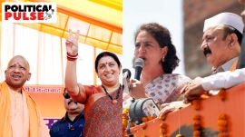(L-R) BJP's Amethi candidate Smriti Irani campaigning alongside Uttar Pradesh CM Yogi Adityanath; Congress's Priyanka Gandhi campaigning for K L Sharma. (PTI photos)