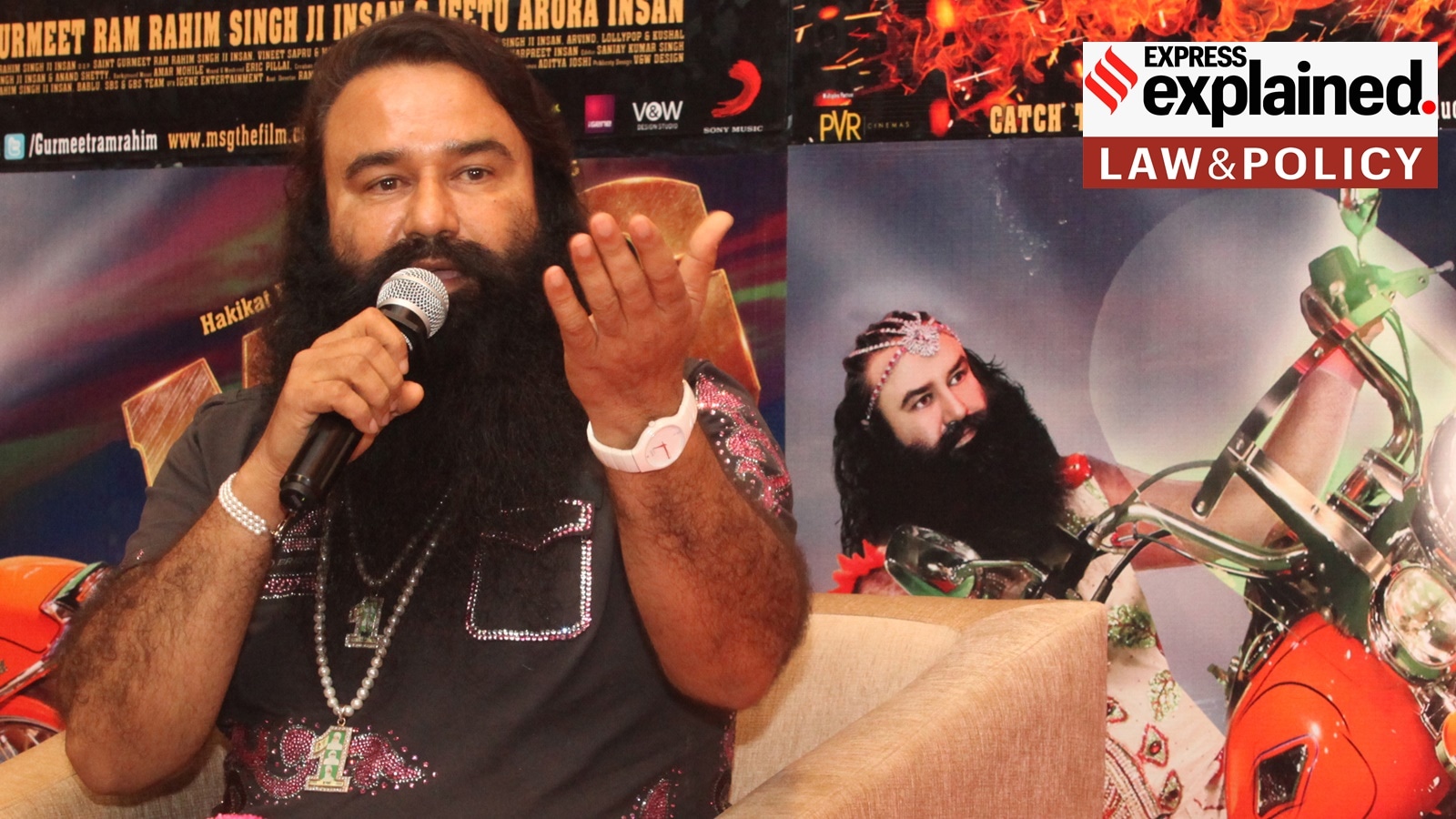 Dera Sacha Sauda chief Gurmeet Ram Rahim Singh addresses a press conference in 2015.