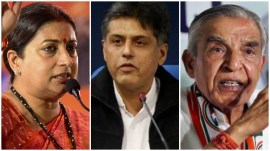 From left: BJP leader Smriti Irani, Congress leaders Manish Tewari and Pawan Bansal. (PTI/File Photo)