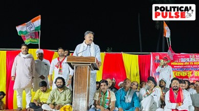 Samajwadi Party Lok Sabha candidate and MP Afzal Ansari speaks during a 'Nukkad Sabha' on Wednesday. (Express Photo)