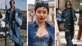 Three street variations of matching denim outfits during Paris and New York Fashion Week in February 2024. The classic formula for a Canadian tuxedo is a pair of straight-leg jeans and a fitted trucker jacket, but as was demonstrated at Paris Fashion Week, there is room for theme and variation. (Simbarashe Cha/The New York Times)
